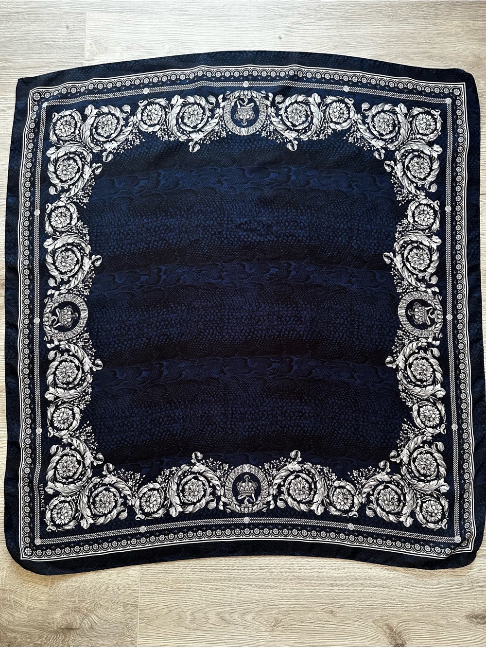 VERSACE Silk Scarf Navy Blue Reptile Print & Baroque Scroll Trim Authentic Lux